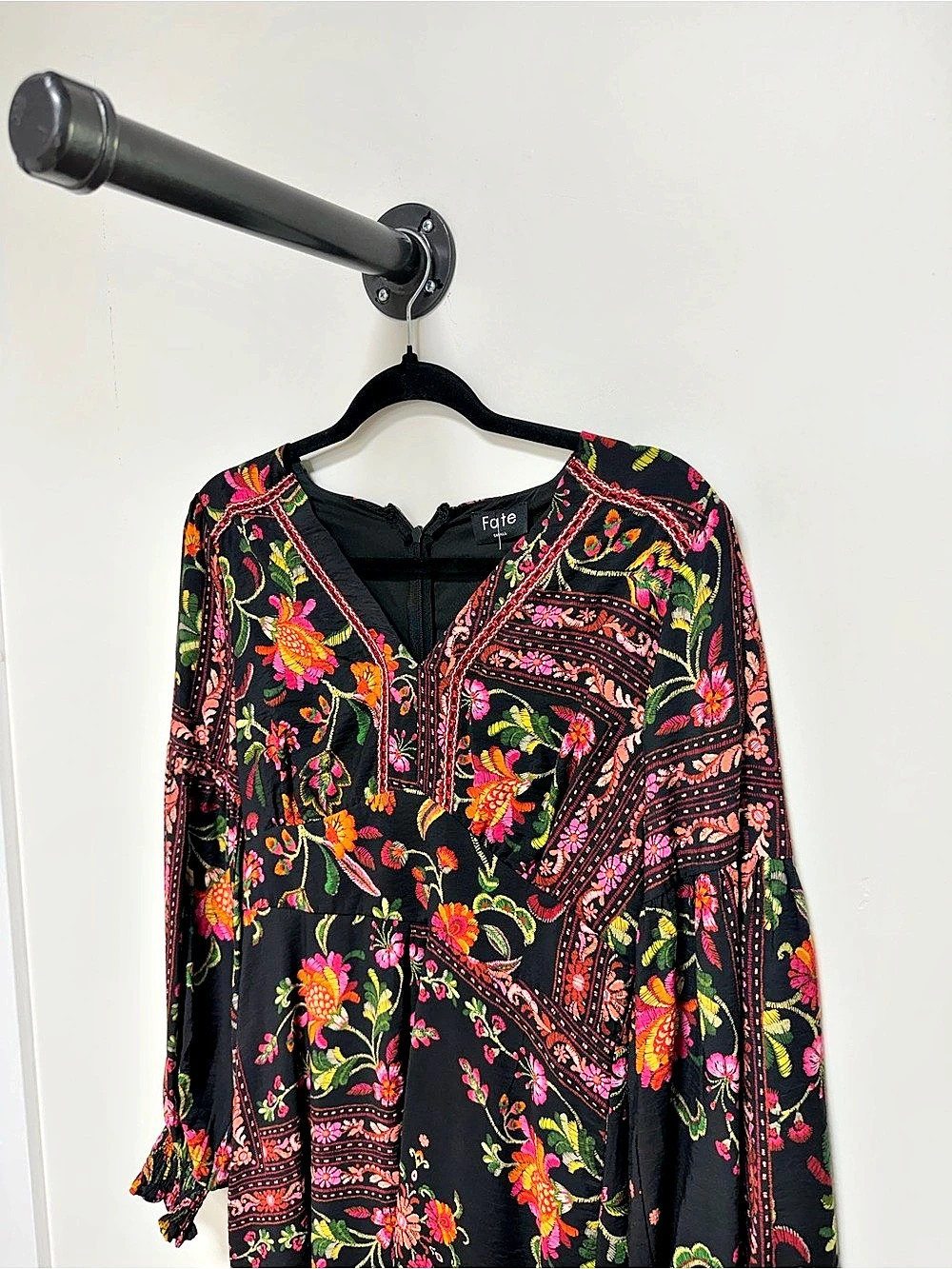 Fate Black Floral Boho Midi Dress Long Sleeve